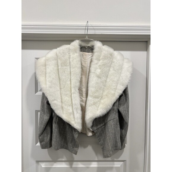 Vintage Gray Wool Jacket w Oversized Faux Fur Shawl Collar Glam